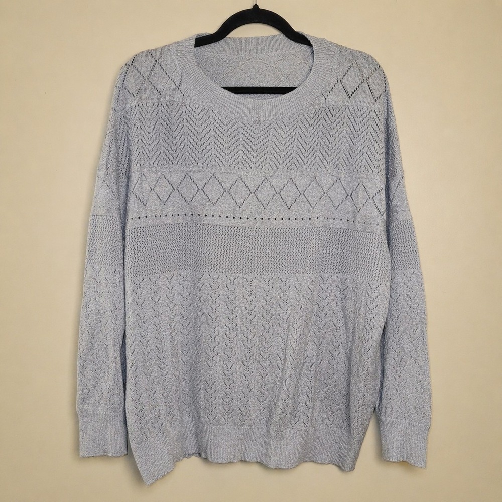Womens 2XL Gray Pointelle Knit Sweater Pullover Long Sleeve Crew Neck Plus Size
